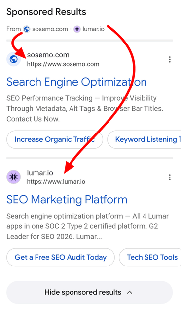 Google Ads testing favicon/domain at the top of the sponsored results ad grouping as a summary of the ads to come