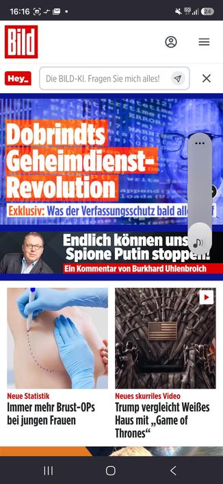 Screenshot von bild.de: "Dobrindts Geheimdienst-Revolution - Endlich können unsere Spione Putin stoppen"