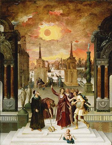 Astronomers Studying an Eclipse, Antoine Caron, 1571

Dionysius Areopagite and the eclipse of Sun.

It is depicting a dramatic scene with several richly dressed figures on a grand marble staircase, set against an elaborate classical architectural backdrop with columns and towers, under a striking sky with a dark solar eclipse-like sun. A small cherub-like child sits at the base of the stairs, and figures gesture toward the sky.