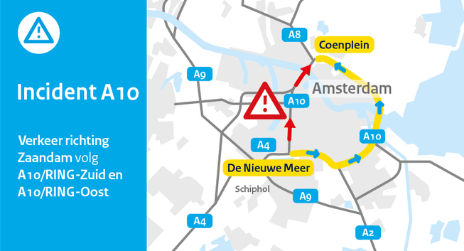 Incident A10. Verkeer richting Zaandam volg A10/RING-Zuid en A10/RING-Oost.