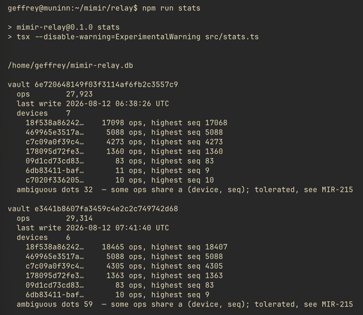 Terminal output showing `npm run stats` command execution with two distinct vault statistics, each detailing operation counts, last write times, device counts, and specific device operation/sequence data.