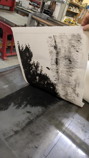 Tirage de monotype en cours de dévoilement.