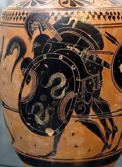 Ajax carries off the body of Achilles, Attic black-figure lekythos from Sicily, c. 510 BCE (Staatliche Antikensammlungen, Munich).

A terracotta amphora fragment showing two helmeted warriors in black-figure style carrying the body of a fallen soldier. Large round shields decorated with serpent motifs dominate the scene.
