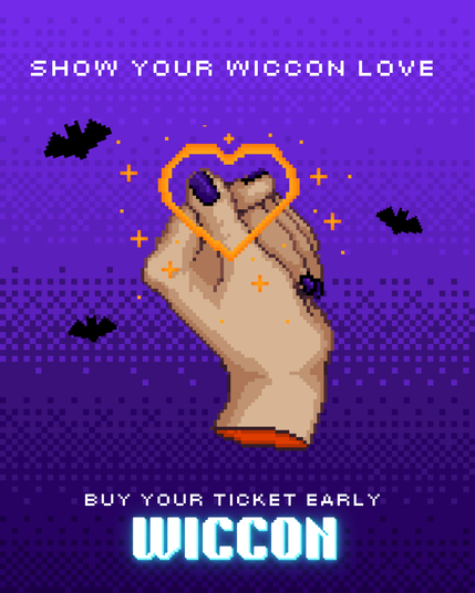 A hand making a heart symbol and text saying;  help wiccon get your tickets early