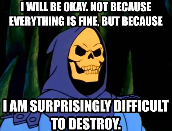 skeletor overlaid with the text "I will be ok,not because everything is fine, but because I'm surprisingly hard to destroy"