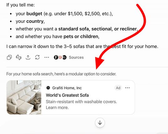 ChatGPT Ads with descriptive headlines above the ads