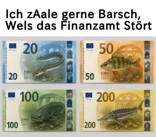 Ich zAale gerne Barsch, Wels das Finanzamt Stört

and mock-ups of new Euro bills with those fishes on them