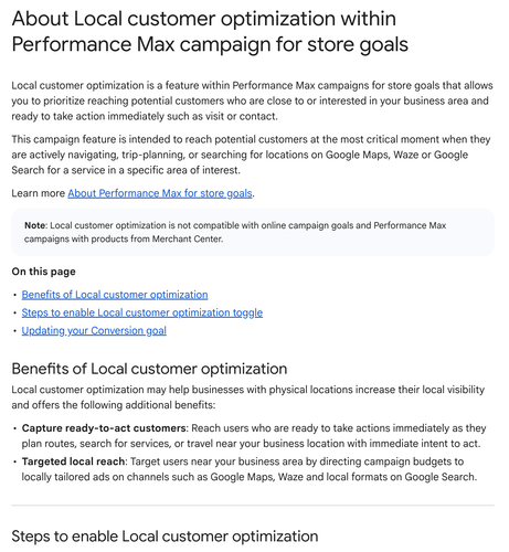Google Ads new help doc for LSA transition named About Local customer optimization within Performance Max campaign for store goals