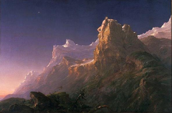 In Thomas Cole's, "Prometheus Bound", "the landscape is appropriately desolate; above Prometheus are imposing, snowy mountains and a cold sky. The figure himself blends in with the rocks, a conscious decision of the artist that adds an element of surprise for the viewer when the figure is finally seen; the viewer's surprise emphasizes Prometheus's desperate and desolate situation.[1] Upon further inspection a vulture is seen lower in the painting, swooping up toward Prometheus. The raptor comes at dawn, when the planet Jupiter (the "morning star") is seen in the sky.[2] As the Roman god Jupiter is the equivalent of Zeus, Prometheus's antagonist symbolically watches over him." - Wikipedia
