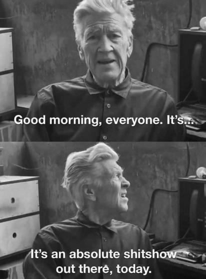 Two-part meme, portrait of the incredible and much missed David Lynch. Upper half he is looking directly at the camera: "Good morning, everyone. It's..." Lower half, Lynch looks to his left, apparently out a window: "It's an absolute shitshow out there today"