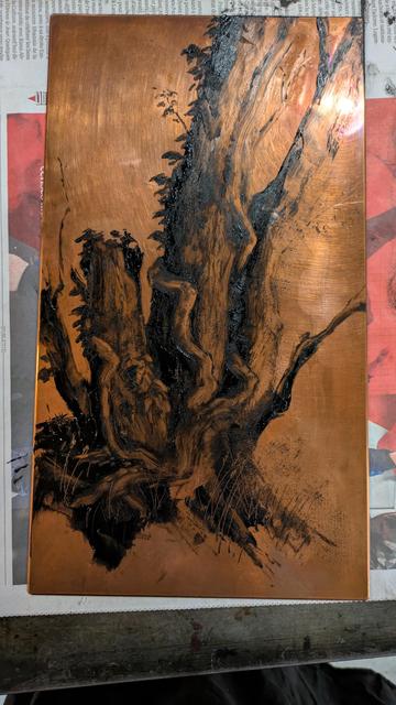 Monotype sur plaque de cuivre prêt à être imprimé, représentant un vieil arbre