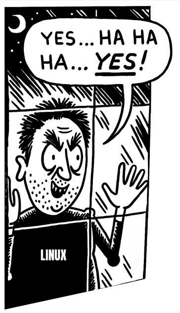 The sickos meme with a man looking in a window, saying "yes, haha ha yes!" but his shirt has been edited to say "Linux"