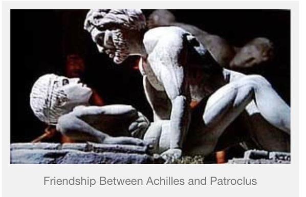 Photo of a Greek sculpture of 2 males making sex. Caption: "friendship between Achilles and Patroclus"