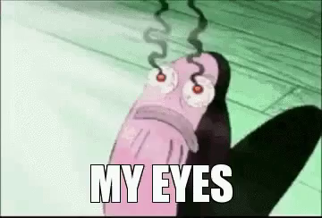 Un meme de Bob Esponja, de un pez mirado un eclipse sin gafas, y lamentándose porque se le queman los ojos.