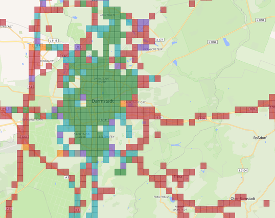 Screenshot der Anwendung MeshMapper, die die MeshCore-Abdeckung in Darmstadt zeigt. Der Stadtkern ist stark ausgeleuchtet und auch die Randgebiete sind inzwischen größtenteils abgedeckt.