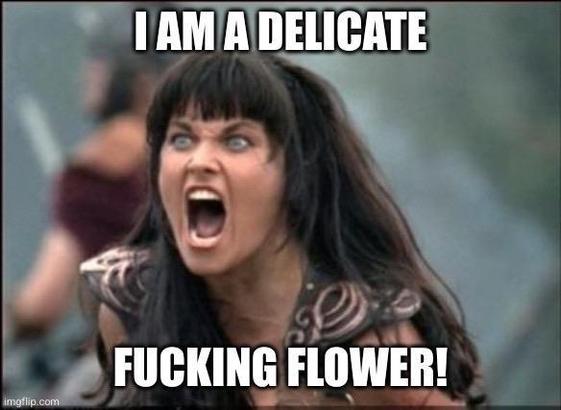 Xena, warrior princess, screaming. caption in all caps reads I am a delicate fucking flower!