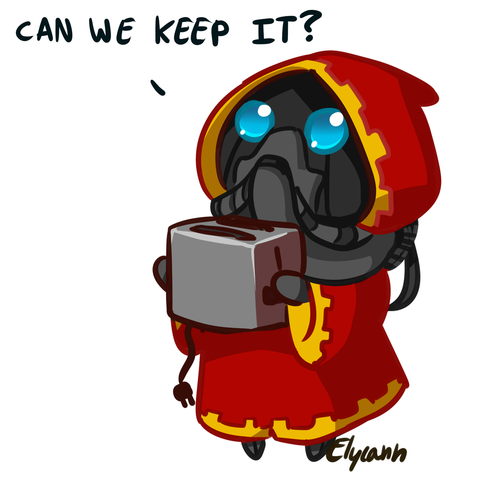 Chibi Tech Priest holding a toaster and asking "Can we keep it?"