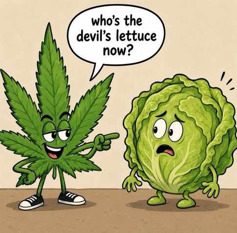 A talking cannabis leaf pointing at a head of lettuce “who’s the devil’s lettuce now?”