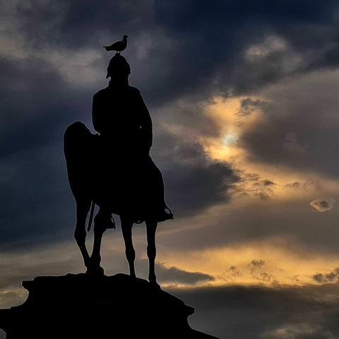 A statue with a bird perched on its head against a dark, cloudy sky.