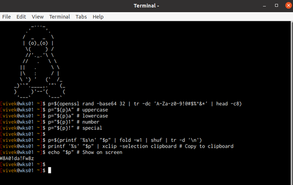 Linux terminal showing shell kung fu to build custom random password. This is so stupid but I have too much time on my hands too:

```bash
p=$(openssl rand -base64 32 | tr -dc 'A-Za-z0-9!@#$%^&*' | head -c8)
p="${p}A" # uppercase
p="${p}a" # lowercase
p="${p}1" # number
p="${p}!" # special

p=$(printf '%s\n' "$p" | fold -w1 | shuf | tr -d '\n')
printf '%s' "$p" | xclip -selection clipboard # Copy to clipboard
echo "$p" # Show on screen
```

PS: Store "$p" in your password manager as it is already copied to your clipboard and needed for next time when you log into the net bank system.