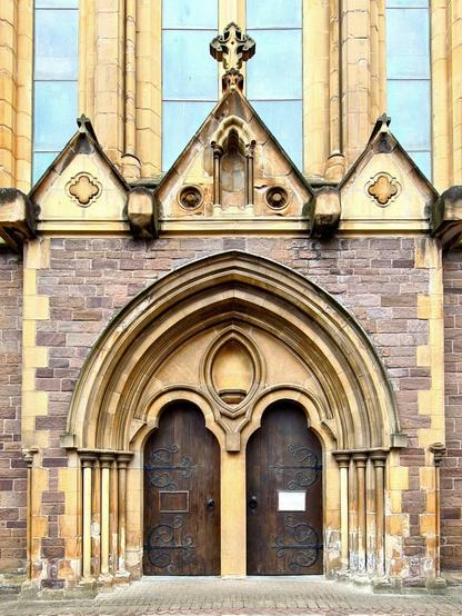 The entrance to an 1870s Gothic style Victorian Church in Glasgow.