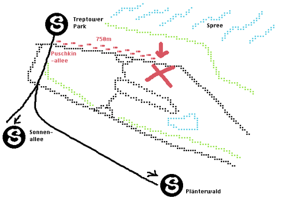 hand-drawn map showing the way. it's a 750m walk along puschkinallee from the s-bahn treptower park. check the post for detailed coordinates