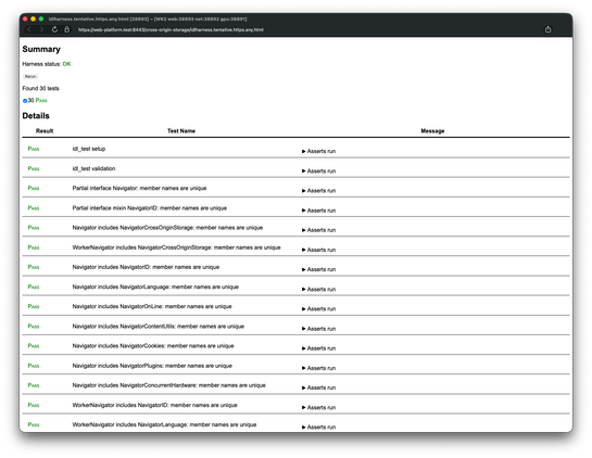 WebKit mini browser showing the passing test suite for the Cross-Origin Storage API: 30 passing tests.