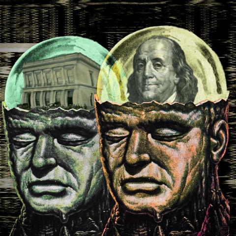 Three weird male figures' heads. The figures have gigeresque throats made from dripping stalagmites and stalactites, and their crania have been replaced with clear domes. The three figures overlap, each smaller than the previous. In the rightmost, largest dome is the portrait of Ben Franklin seen on a US$100 bill. The middle dome contains a 19th century bank with Grecian columns. The left dome contains the US capital. The background is a heavily processed monochrome image of wiring in an early mainframe.