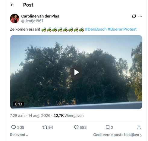 Post
Caroline van der Plas op Twitter:
@lientje1967
Ze komen eraan! met veel afbeeldingen van  trekkers 

Protest

7:28 a.m. - 14 aug. 2026 - 42,7K Weergaven