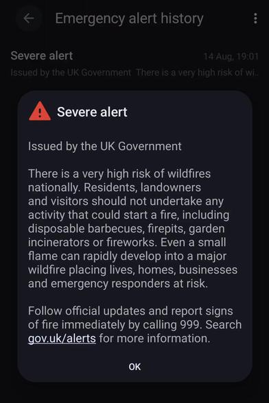 Screenshot of UK government alert about high risk of wildfires