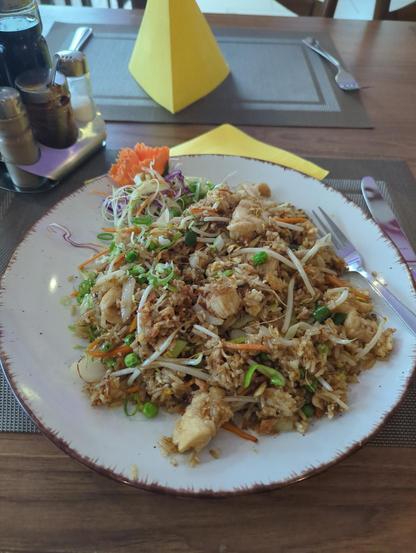 A plate of fried rice with chicken, carrots, peas, and a dozen other tasty ingredients!