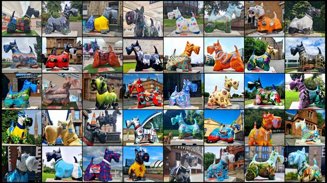A collage of forty giant Scottie sculptures, each decorated in a unique way.