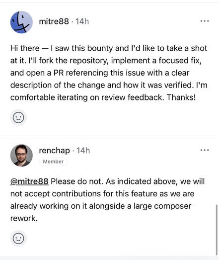 The messages, but;

Mitre88: Hi there — I saw this bounty and I'd like to take a shot at it. I'll fork the repository, implement a focused fix, and open a PR referencing this issue with a clear description of the change and how it was verified. I'm comfortable iterating on review feedback. Thanks!

Renchap: @mitre88 Please do not. As indicated above, we will not accept contributions for this feature as we are already working on it alongside a large composer rework.