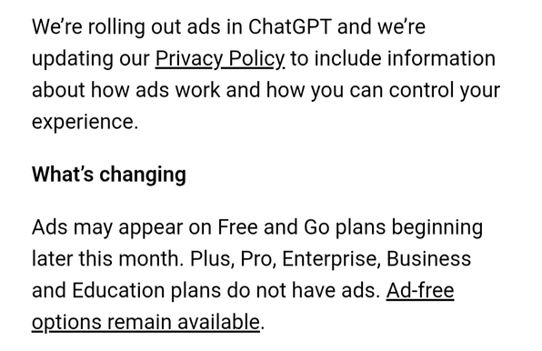 An update to ChatGPT's T&Cs, outlining that Free and Go plans will have ads displayed in the product