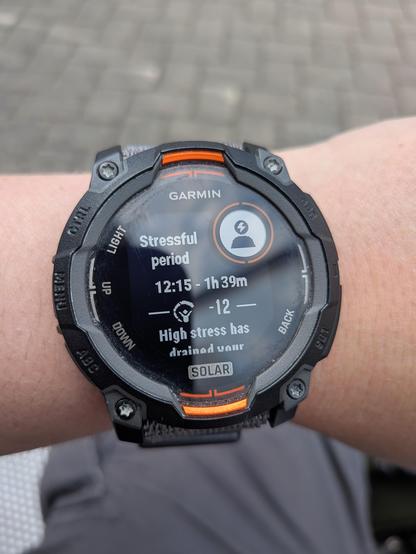 Garmin watch showing a notification about a stressful period that started at 12:15 (15min before my keynote) and lasted 1h39min
