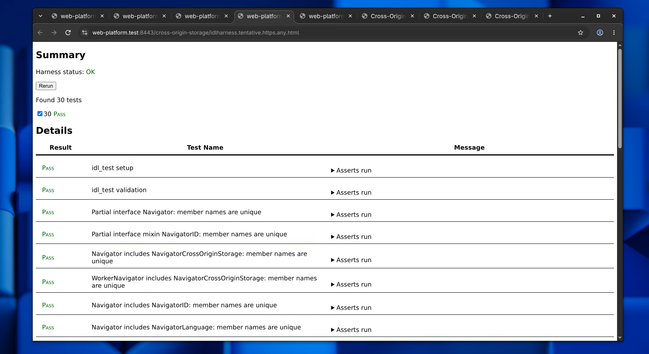 Chromium on Linux x86_64 running 30 Web Platform Tests of the Cross-Origin Storage API. All tests pass.
