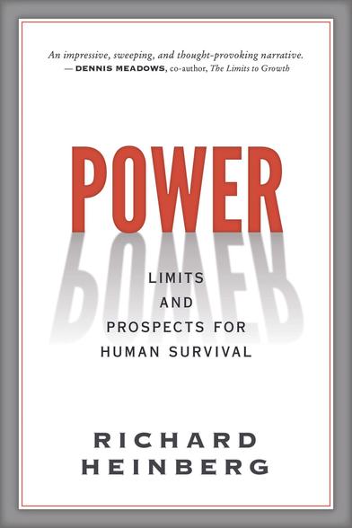 Book cover for ‘Power: Limits and Prospects for Human Survival’. 

Its stark white cover has the word ‘Power’ in brick red sans serif lettering, casting a shadow of its own letterforms. 

In smaller lettering, a quote from Dennis Meadows, co-author of ‘The Limits to Growth’ says “An impressive, sweeping, and thought-provoking narrative.”