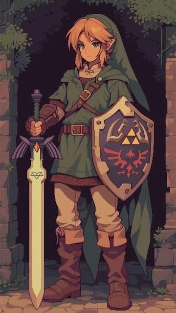 Eine Illustration von Link mit Langschwert und Schild, blonde Haare und spitze Ohren gucken aus der grünen Zipfelmütze
