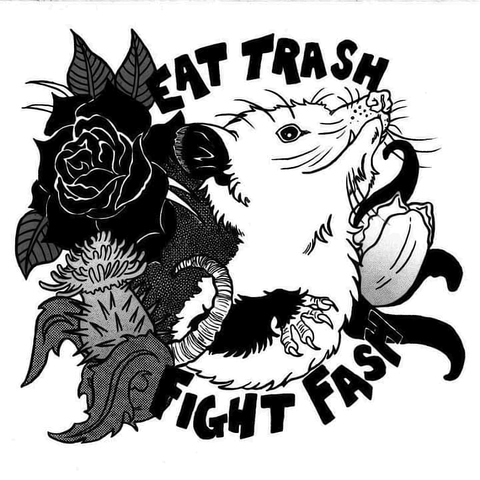 Text in artwork: “EAT TRASH IGHT FAS”