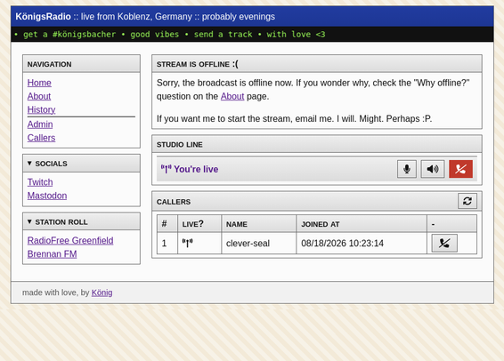A web-radio UI in retro design. The post hints at the "Callers" admin page, where the admin can invite people into calls to talk live on the radio. Two sections: one where admin can see its connectivity status, and 2nd section to see the list of callers in a table, and can approve their calls.