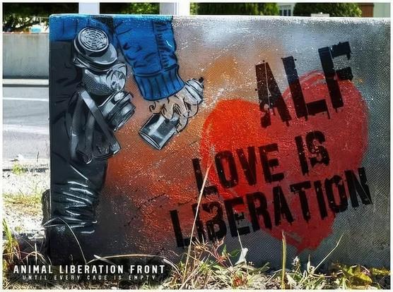 Text in artwork: “ANIMAL LIBERATION FRONT UNTILEVEBY CACE IS EMPTY ALF LOVE IS LIBERATION”