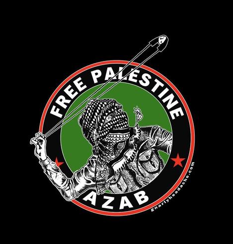 Text in artwork: “FREE PALESTINE AZAB gnar adache. .com”