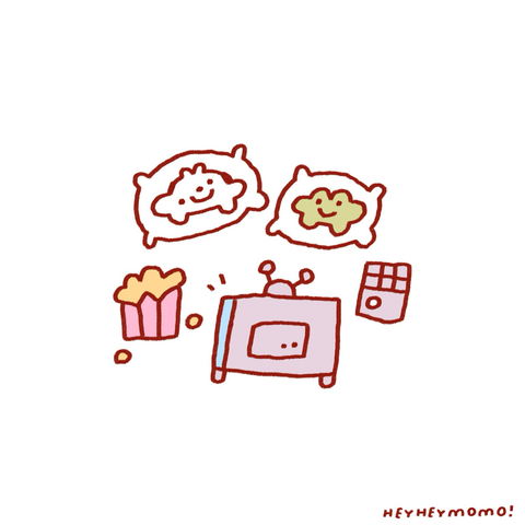 Doodle of momo and forg on pillows watching an old fashioned tv with popcorn