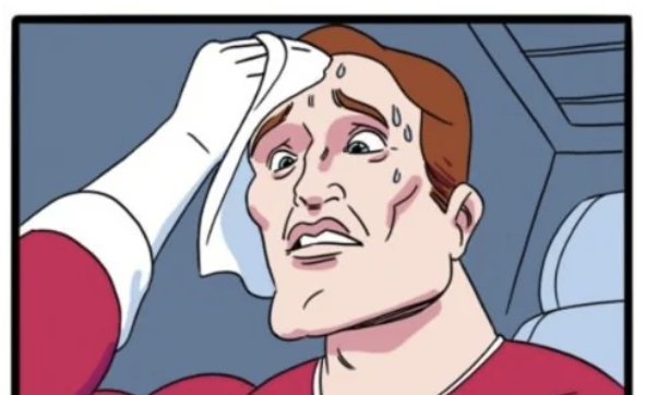 Comic strip of Daily Struggle / Two Buttons, but only the person with face sweating