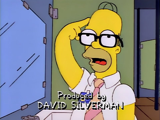 Homer Simpson wearing reading glasses that Henry Kissinger had dropped in the toilet