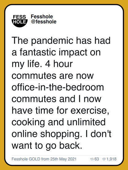The pandemic has had a fantastic impact on my life. 4 hour commutes are now office-in-the-bedroom commutes and I now have time for exercise, cooking and unlimited online shopping. I don't want to go back.

Fesshole GOLD from 25th May 2021