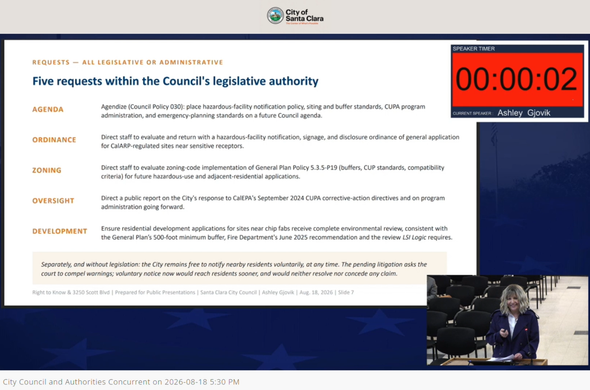 Screenshot of Ashley Gjovik presenting to the Santa Clara city council on Aug 18 2026 with a slide in the background titled "five requests within the council's legislative authority"