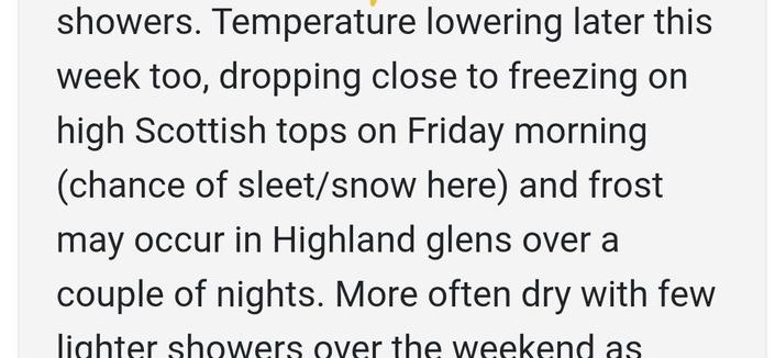 Screenshot of outlook weather forecast for Scottish Highlands from mwis.org, 18 August 2026. It reads:

".... Temperature lowering later this week too, dropping close to freezing on high Scottish tops on Friday morning (chance of sleet/snow here) and frost may occur in Highland glens over a couple of nights. "