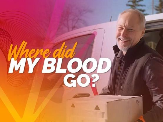 Smiling older man in a jacket holding a box near a white van. Text says "Where did my blood go?"