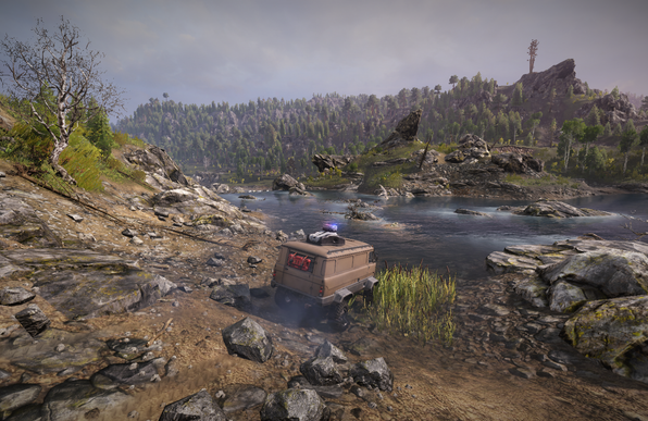 In-game screenshot of a tan off-road van with a flashing beacon light fording a shallow river, surrounded by mossy rocks and a dense pine forest under an overcast sky.